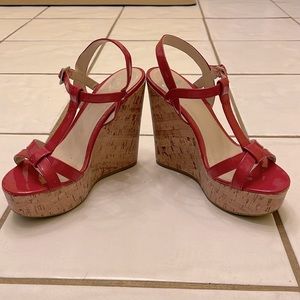 Report strapped red wedge cork heel sandal